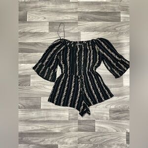 ANGIE Black Floral Romper Size M — Peasant Blouse + Shorts, Summer Boho